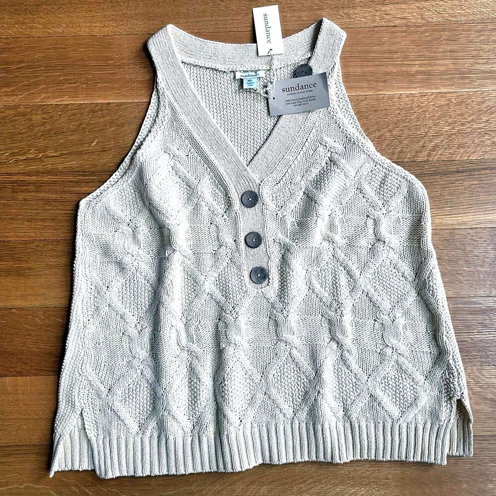 New SUNDANCE CATALOG Kenzie Cable Sweater Tank Vest Natural Ecru XXL $88